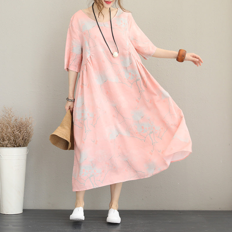 Stylish Pink Prints Long Linen Dresses Oversize O Neck Linen Clothing Dresses Half Sleeve Kaftans