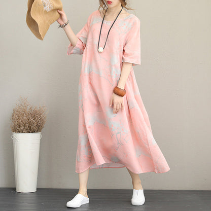Stylish Pink Prints Long Linen Dresses Oversize O Neck Linen Clothing Dresses Half Sleeve Kaftans