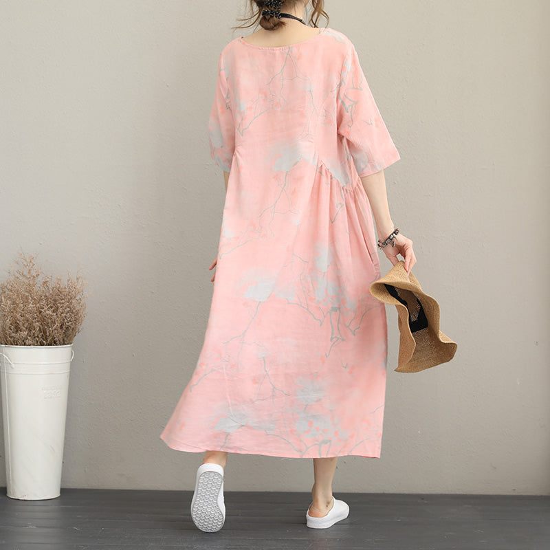 Stylish Pink Prints Long Linen Dresses Oversize O Neck Linen Clothing Dresses Half Sleeve Kaftans