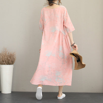 Stylish Pink Prints Long Linen Dresses Oversize O Neck Linen Clothing Dresses Half Sleeve Kaftans