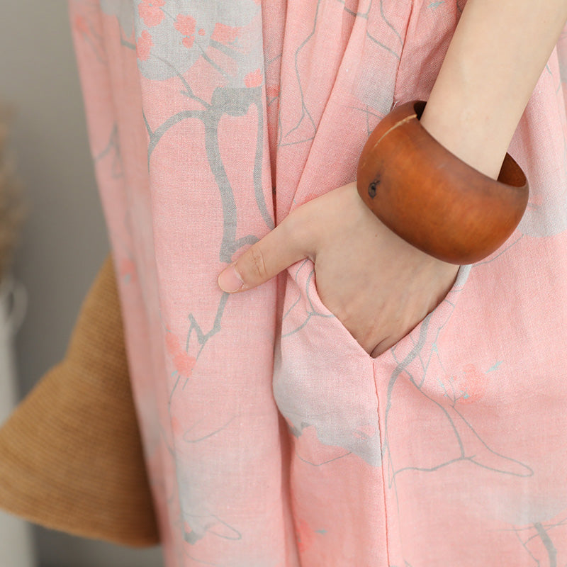 Stylish Pink Prints Long Linen Dresses Oversize O Neck Linen Clothing Dresses Half Sleeve Kaftans