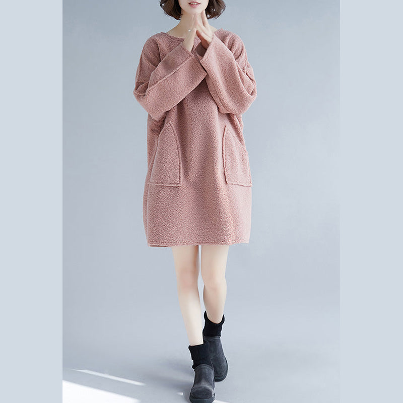 Stylish Pink Spring Cotton Dress Oversize Long Sleeve Thick Spring Dresses Big Pockets