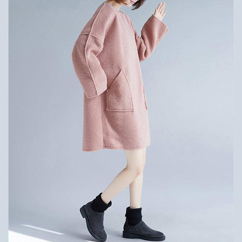 Stylish Pink Spring Cotton Dress Oversize Long Sleeve Thick Spring Dresses Big Pockets
