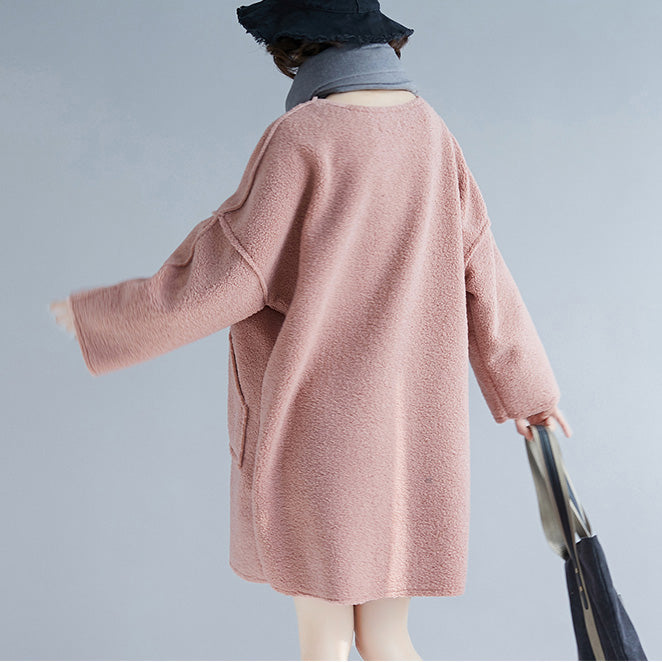Stylish Pink Spring Cotton Dress Oversize Long Sleeve Thick Spring Dresses Big Pockets