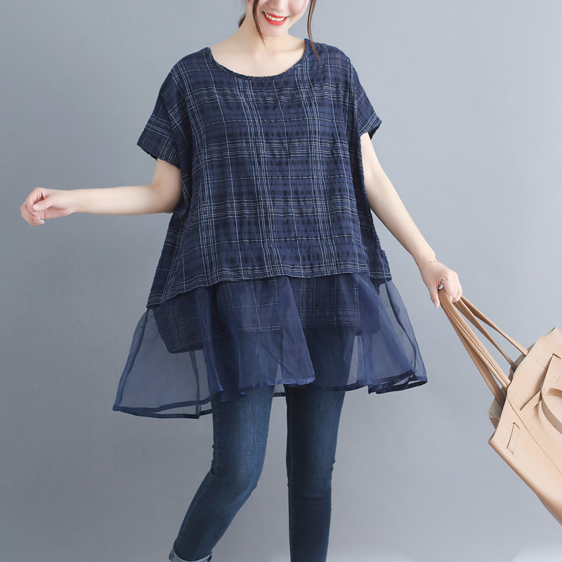 Stylish Plaid Grid Cotton Linen Tops Holiday Tops O Neck Batwing Sleeve Patchwork Midi Tops