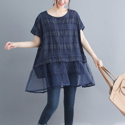 Stylish Plaid Grid Cotton Linen Tops Holiday Tops O Neck Batwing Sleeve Patchwork Midi Tops