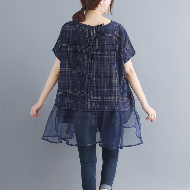 Stylish Plaid Grid Cotton Linen Tops Holiday Tops O Neck Batwing Sleeve Patchwork Midi Tops