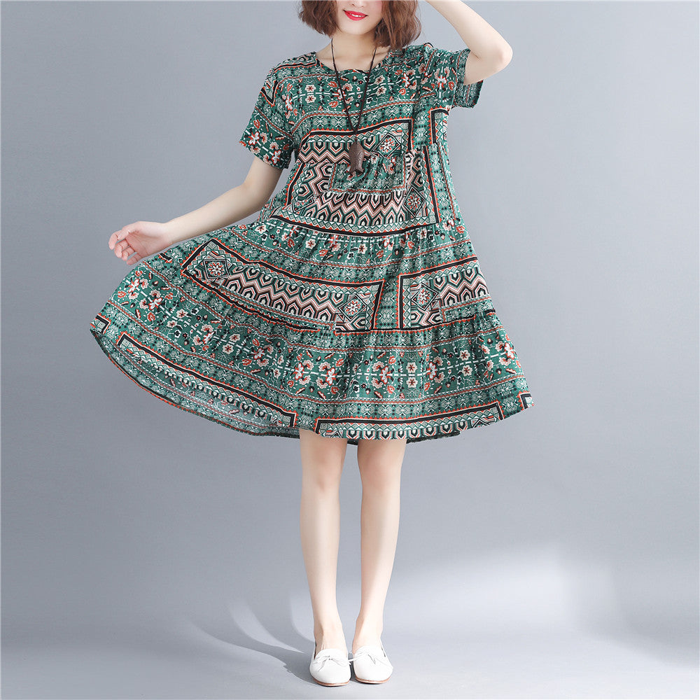 Stylish Print Cotton Linen Dresses Short Sleeve Baggy Dresses Fine O Neck Cotton Linen Dresses