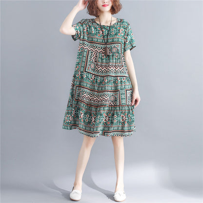 Stylish Print Cotton Linen Dresses Short Sleeve Baggy Dresses Fine O Neck Cotton Linen Dresses