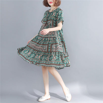 Stylish Print Cotton Linen Dresses Short Sleeve Baggy Dresses Fine O Neck Cotton Linen Dresses