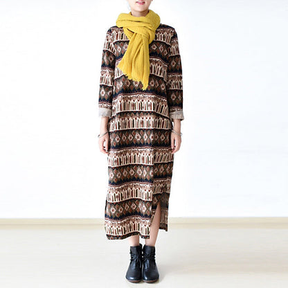 Stylish Print Striped Cotton Maxi Dress O Neck Long Cotton Dresses Linen Clothing Dress
