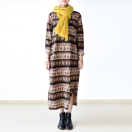 Stylish Print Striped Cotton Maxi Dress O Neck Long Cotton Dresses Linen Clothing Dress