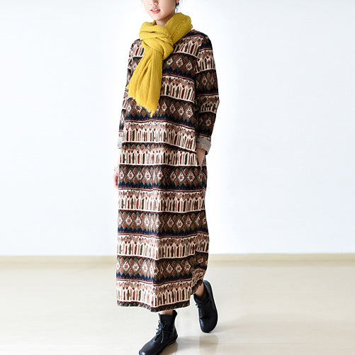 Stylish Print Striped Cotton Maxi Dress O Neck Long Cotton Dresses Linen Clothing Dress