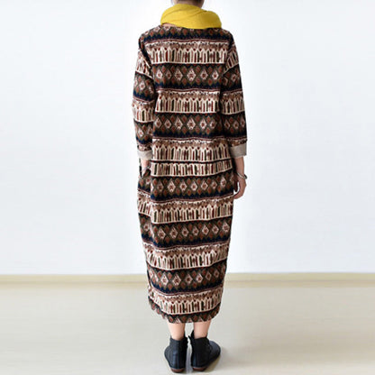 Stylish Print Striped Cotton Maxi Dress O Neck Long Cotton Dresses Linen Clothing Dress