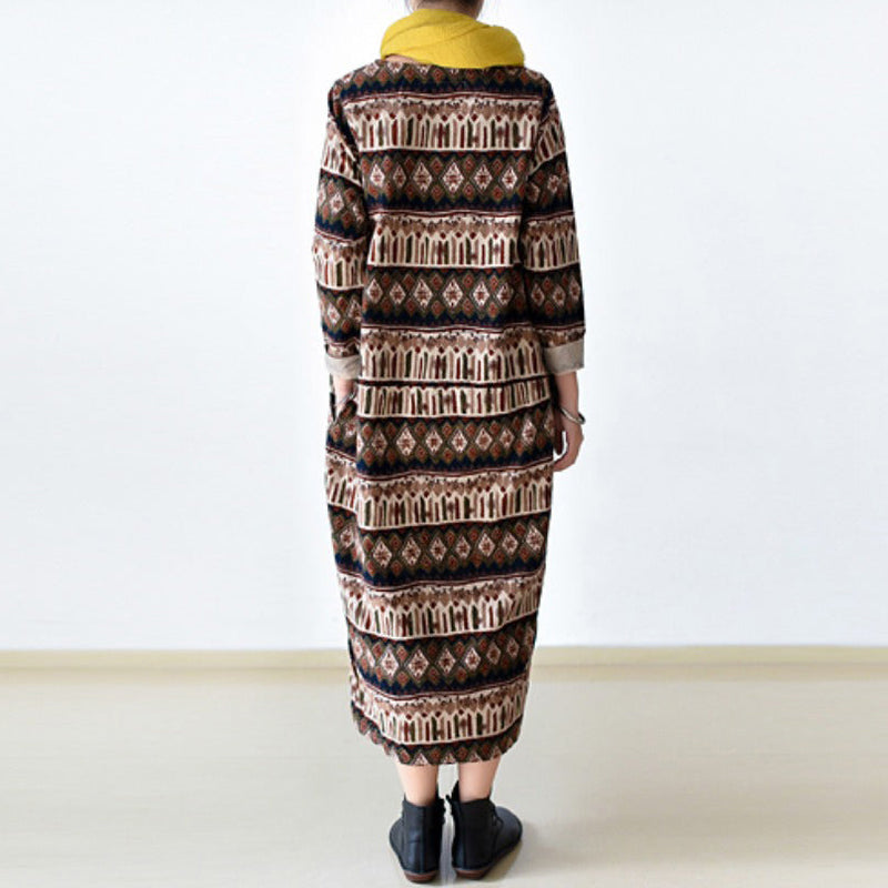Stylish Print Striped Cotton Maxi Dress O Neck Long Cotton Dresses Linen Clothing Dress