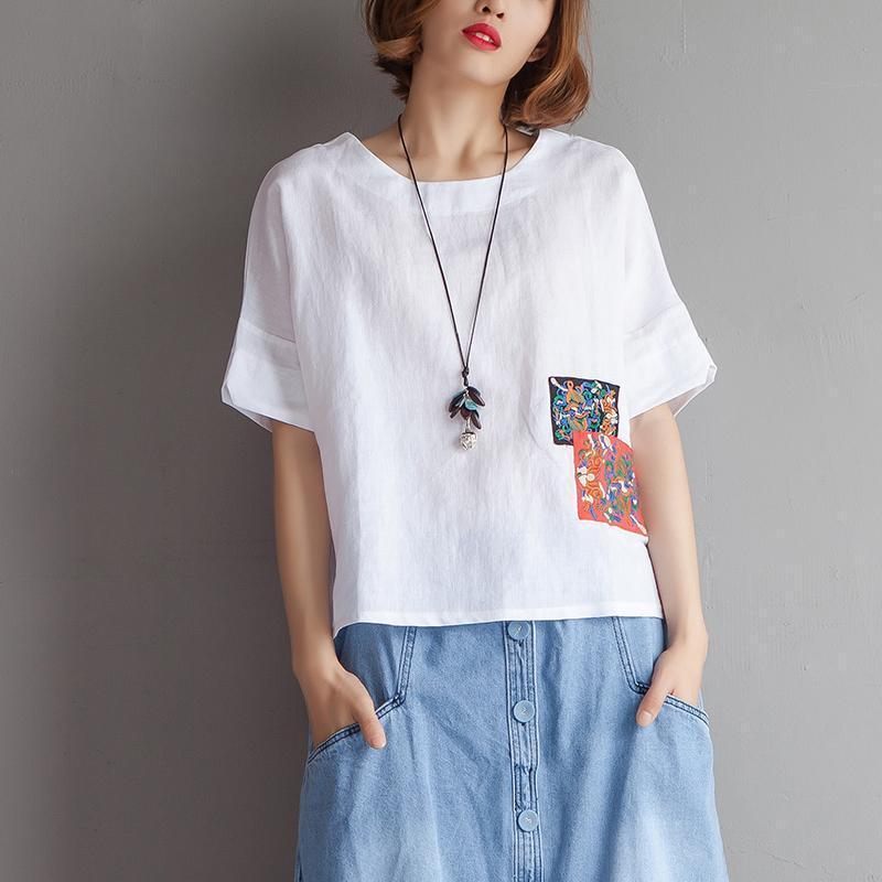Stylish Pure Cotton Linen Blouse Oversized Embroidery High-low Hem Summer Short Sleeve White Blouse