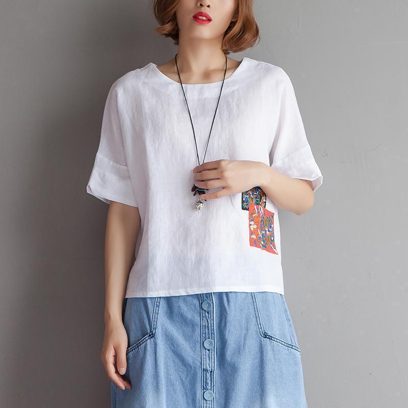 Stylish Pure Cotton Linen Blouse Oversized Embroidery High-low Hem Summer Short Sleeve White Blouse