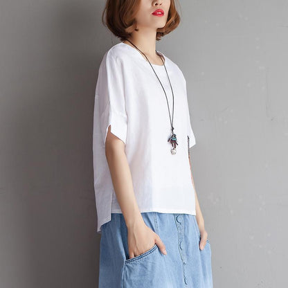 Stylish Pure Cotton Linen Blouse Oversized Embroidery High-low Hem Summer Short Sleeve White Blouse