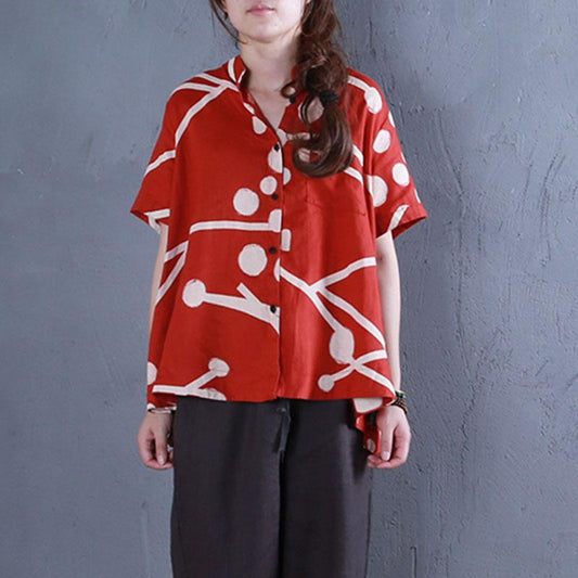 Stylish Pure Linen Tops Oversized Stand Collar Printed Single Breasted Red Blouse