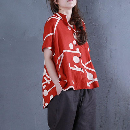 Stylish Pure Linen Tops Oversized Stand Collar Printed Single Breasted Red Blouse