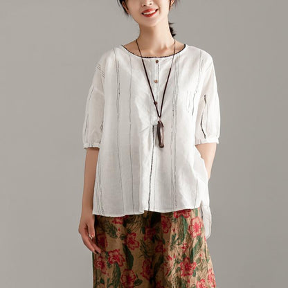 Stylish Pure Linen Tops Round Neck Half Sleeve Stripe Pullover Blouse