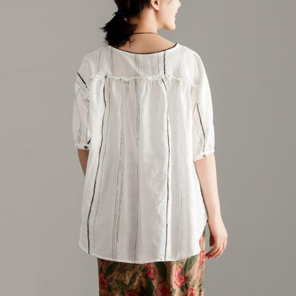 Stylish Pure Linen Tops Round Neck Half Sleeve Stripe Pullover Blouse