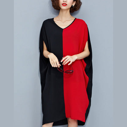 Stylish Red Black Patchwork Chiffon Polyester Dresses Traveling Clothing Fine Batwing Sleeve Clothing