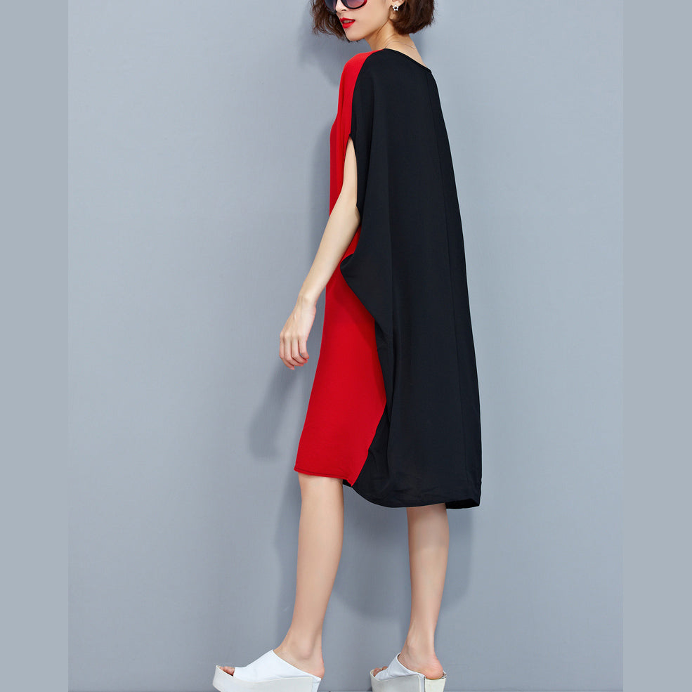 Stylish Red Black Patchwork Chiffon Polyester Dresses Traveling Clothing Fine Batwing Sleeve Clothing