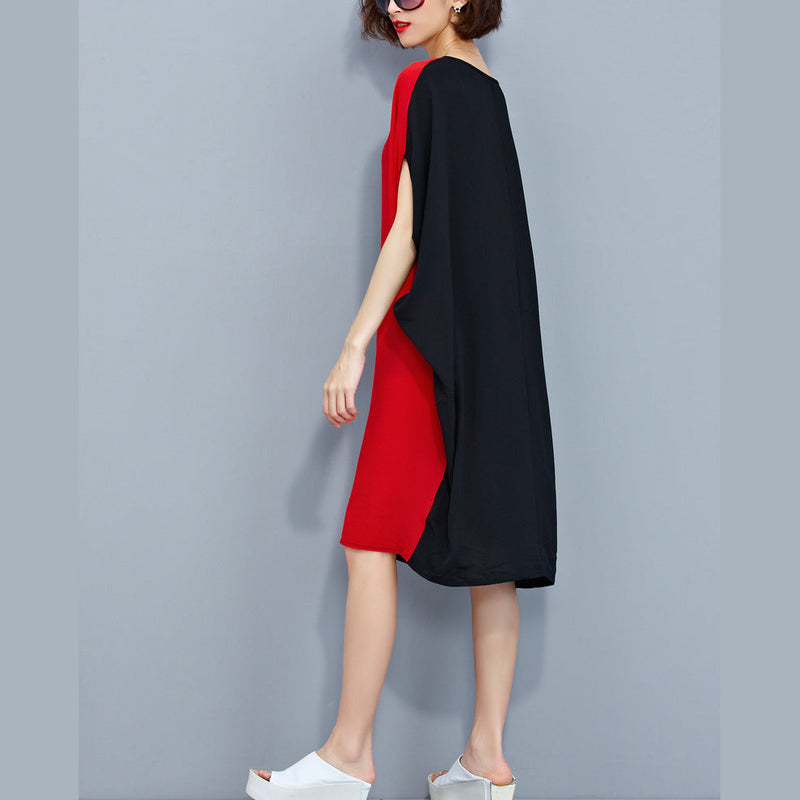 Stylish Red Black Patchwork Chiffon Polyester Dresses Traveling Clothing Fine Batwing Sleeve Clothing