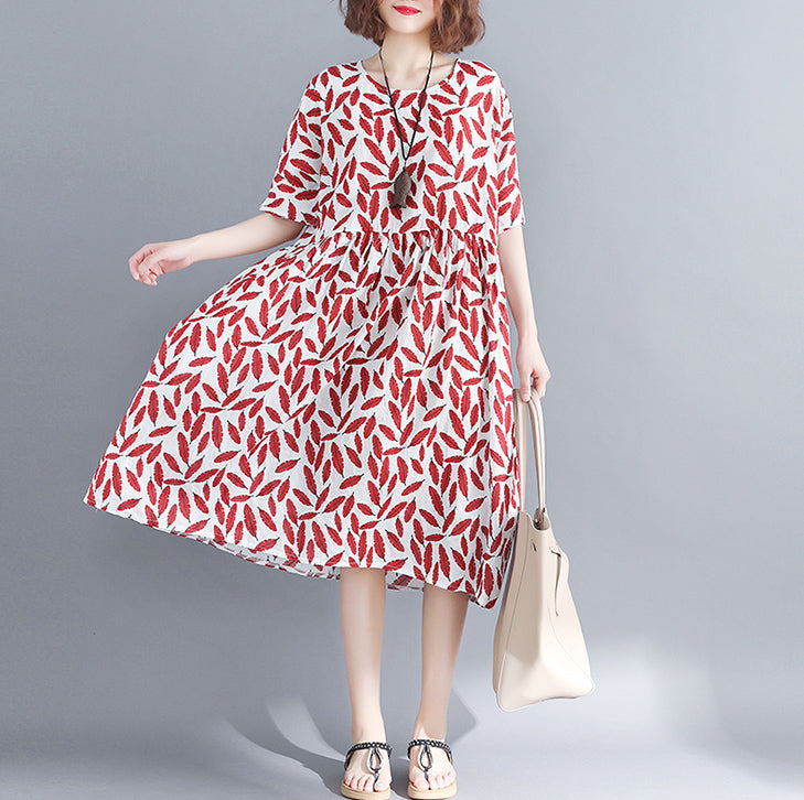 Stylish Red Cotton Knee Dress Cotton Dress Short Sleeve Baggy Dresses O Neck Print Cotton Clothing Dress