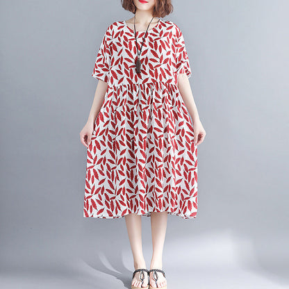 Stylish Red Cotton Knee Dress Cotton Dress Short Sleeve Baggy Dresses O Neck Print Cotton Clothing Dress