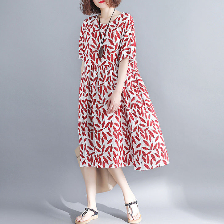 Stylish Red Cotton Knee Dress Cotton Dress Short Sleeve Baggy Dresses O Neck Print Cotton Clothing Dress