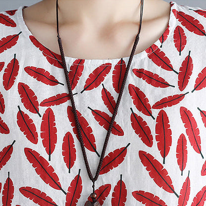 Stylish Red Cotton Knee Dress Cotton Dress Short Sleeve Baggy Dresses O Neck Print Cotton Clothing Dress
