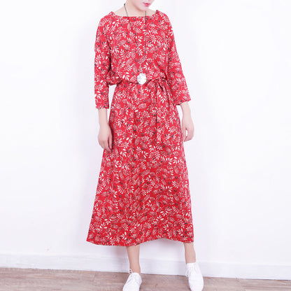 Stylish Red Linen Dress O Neck Caftans New Tie Waist Maxi Dresses