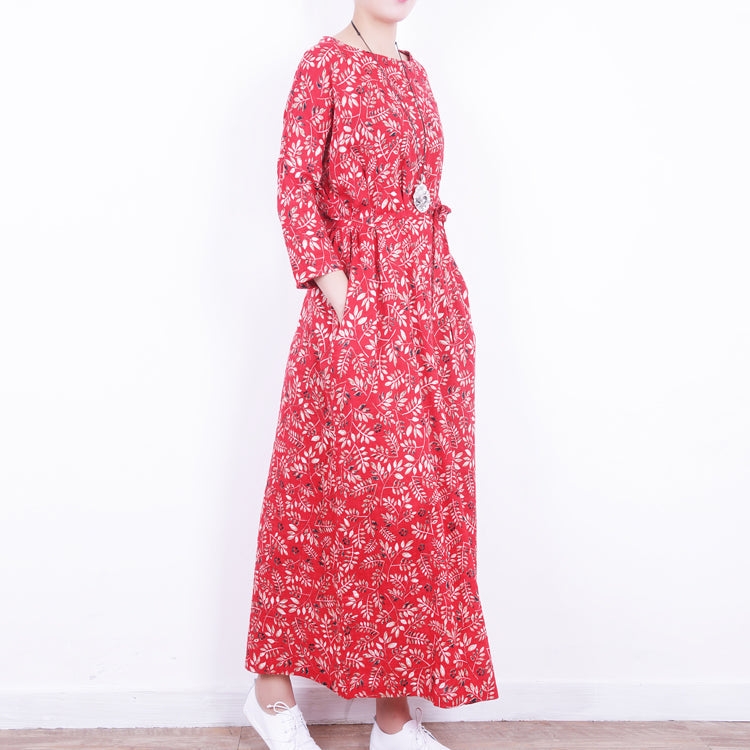Stylish Red Linen Dress O Neck Caftans New Tie Waist Maxi Dresses