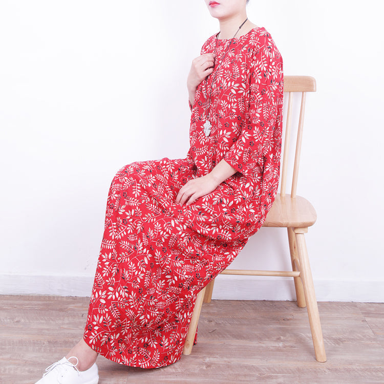 Stylish Red Linen Dress O Neck Caftans New Tie Waist Maxi Dresses