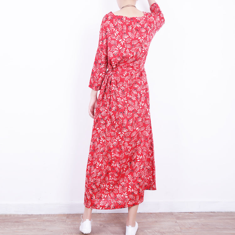 Stylish Red Linen Dress O Neck Caftans New Tie Waist Maxi Dresses