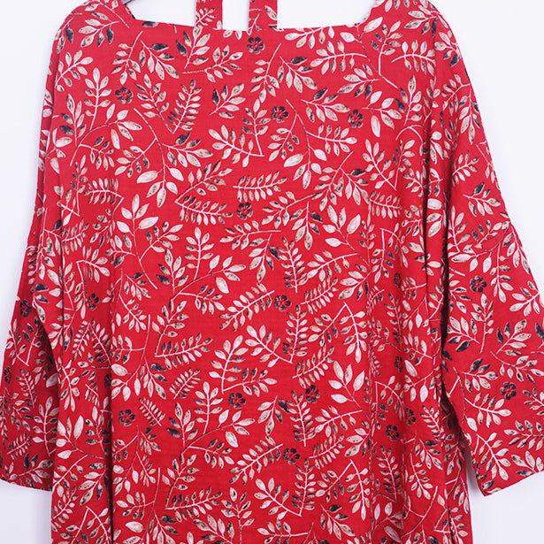 Stylish Red Linen Dress O Neck Caftans New Tie Waist Maxi Dresses