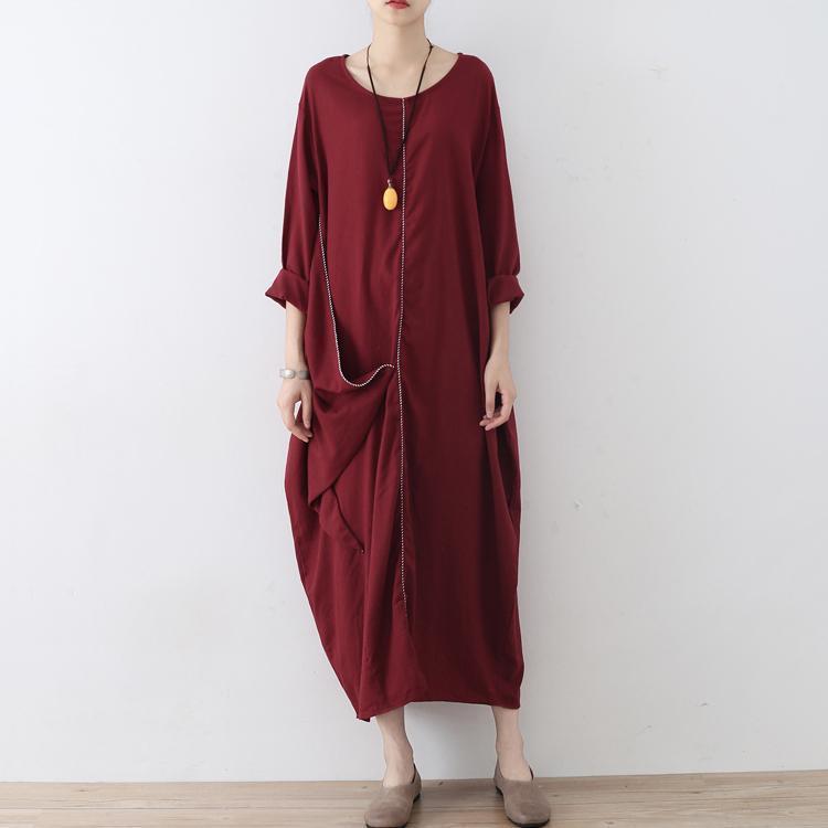 Stylish Red Linen Dress Oversize Asymmetrical Hem Traveling Clothing New Asymmetrical Zippered Kaftans