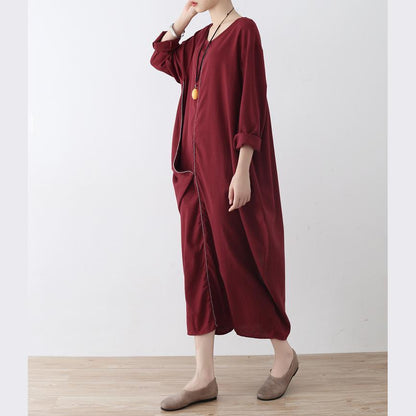 Stylish Red Linen Dress Oversize Asymmetrical Hem Traveling Clothing New Asymmetrical Zippered Kaftans