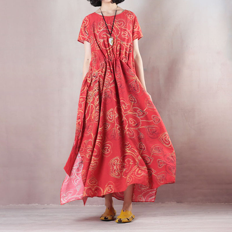 Stylish Red Linen Maxi Dress O Neck Print Traveling Clothing Short Sleeve Baggy Dresses Linen Caftans