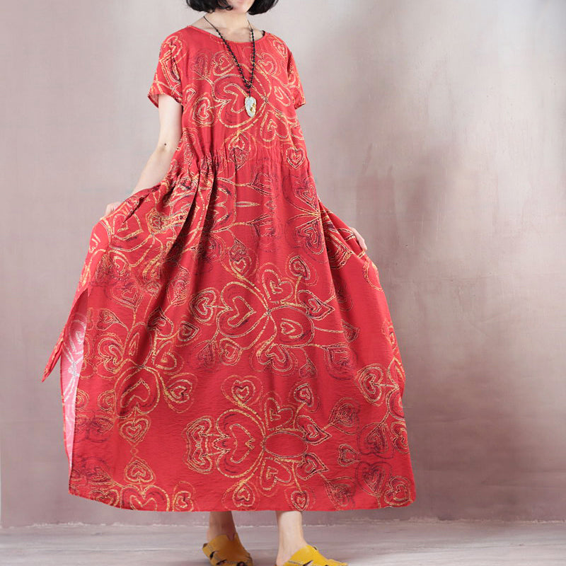 Stylish Red Linen Maxi Dress O Neck Print Traveling Clothing Short Sleeve Baggy Dresses Linen Caftans