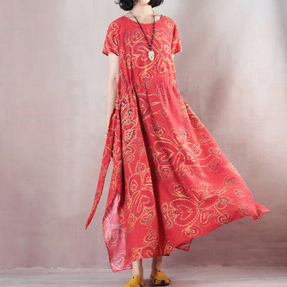 Stylish Red Linen Maxi Dress O Neck Print Traveling Clothing Short Sleeve Baggy Dresses Linen Caftans