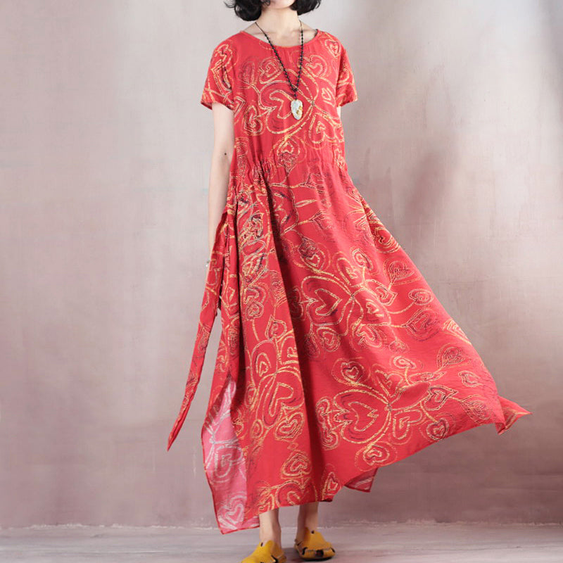 Stylish Red Linen Maxi Dress O Neck Print Traveling Clothing Short Sleeve Baggy Dresses Linen Caftans