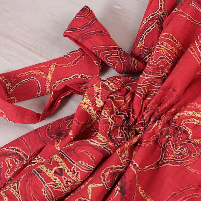 Stylish Red Linen Maxi Dress O Neck Print Traveling Clothing Short Sleeve Baggy Dresses Linen Caftans