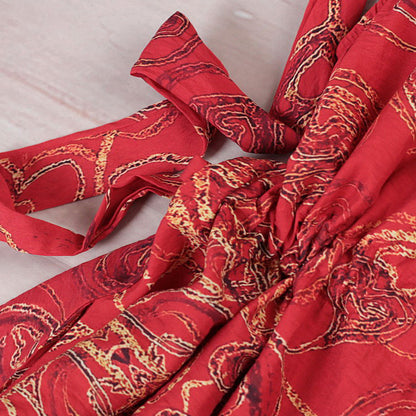 Stylish Red Linen Maxi Dress O Neck Print Traveling Clothing Short Sleeve Baggy Dresses Linen Caftans