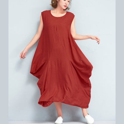 Stylish Red Long Cotton Polyester Dresses Loose Fitting Sleeveless Maxi Dress Caftans