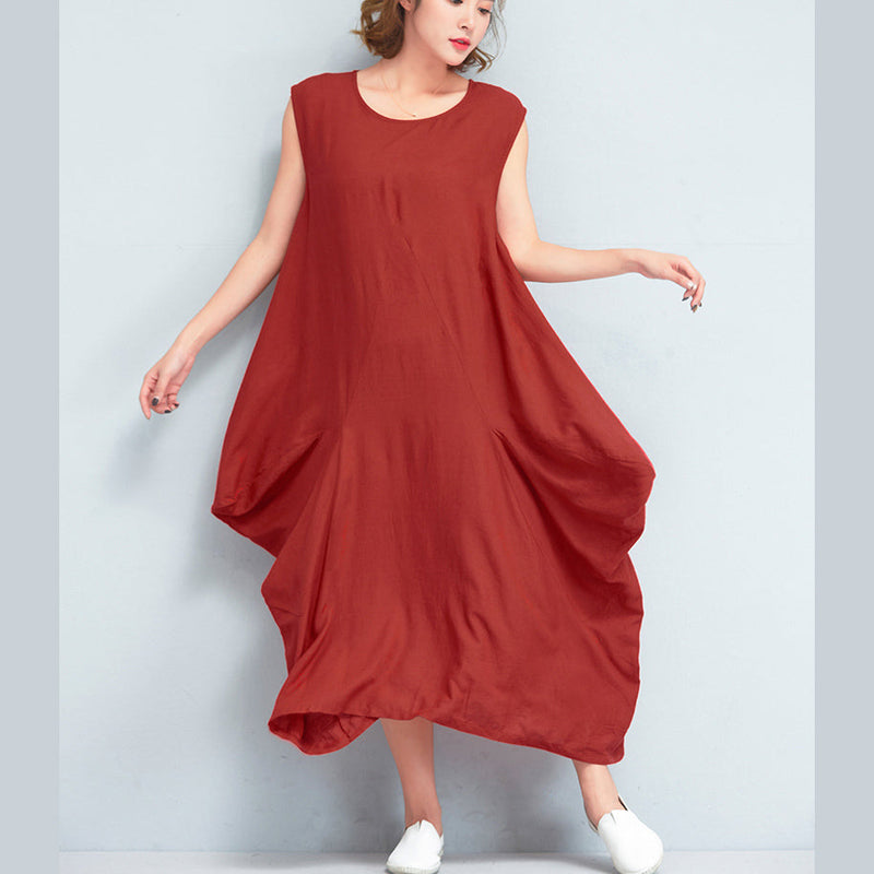 Stylish Red Long Cotton Polyester Dresses Loose Fitting Sleeveless Maxi Dress Caftans