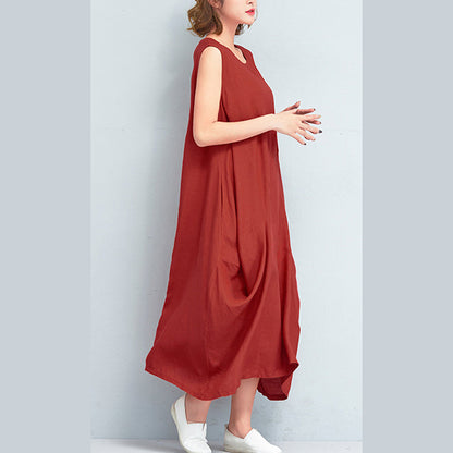 Stylish Red Long Cotton Polyester Dresses Loose Fitting Sleeveless Maxi Dress Caftans