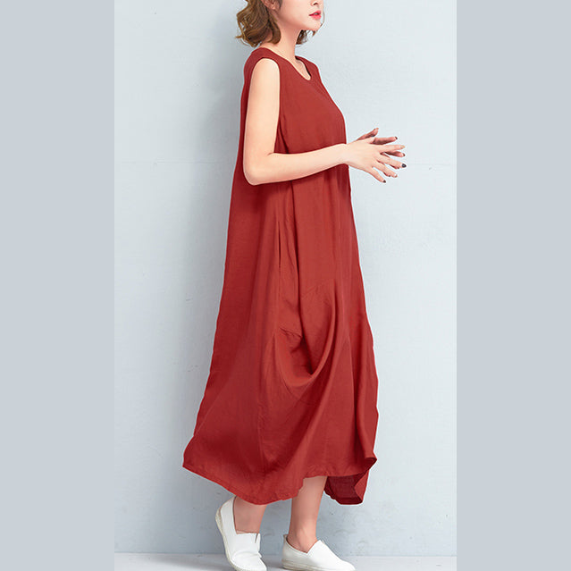 Stylish Red Long Cotton Polyester Dresses Loose Fitting Sleeveless Maxi Dress Caftans